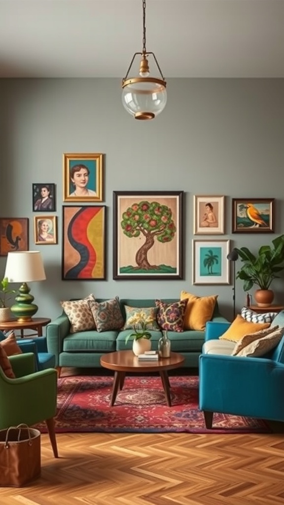 A cozy living room featuring eclectic decor with colorful sofas, various artworks on the walls, and a warm wooden floor.