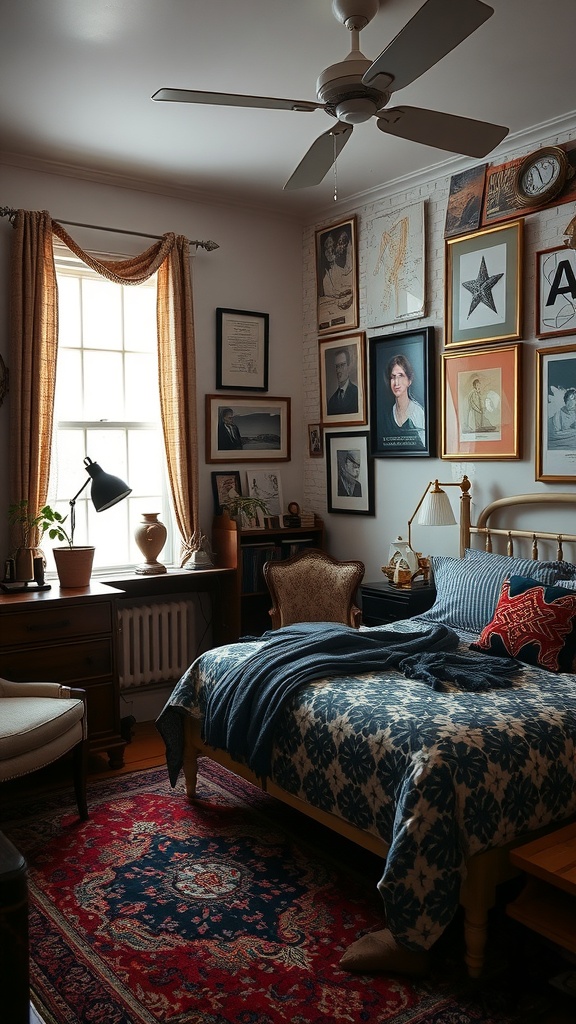 A cozy bedroom featuring a mix of patterns, textures, and framed art on the walls.