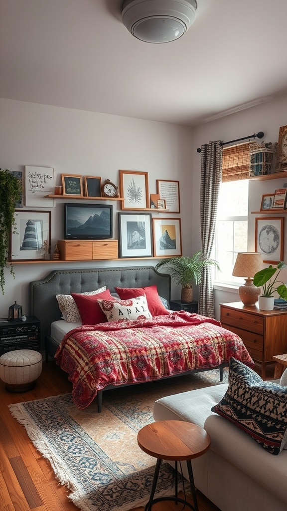 A cozy bedroom featuring a mix of textures, patterns, and personal decor.