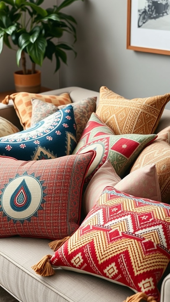 A cozy sofa adorned with a variety of colorful throw pillows featuring boho-inspired patterns and textures.