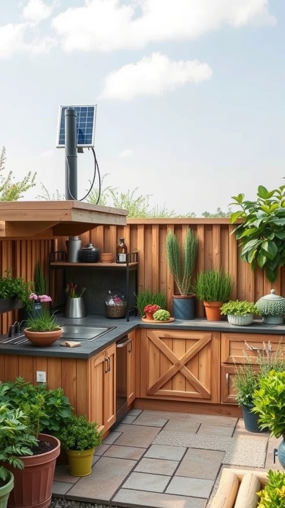 Eco-friendly outdoor kitchen with wooden cabinets and plants.
