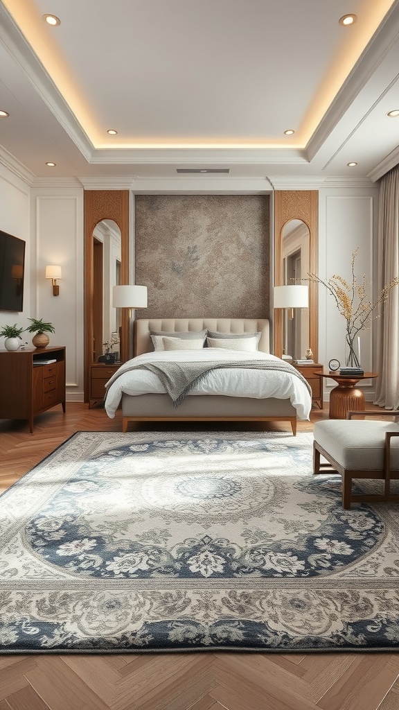 Modern luxury bedroom with an elegant area rug