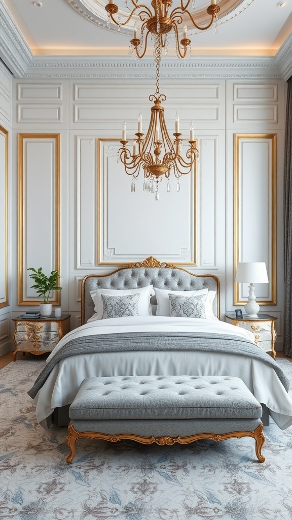 A modern luxury bedroom featuring a soft color palette with gold accents.