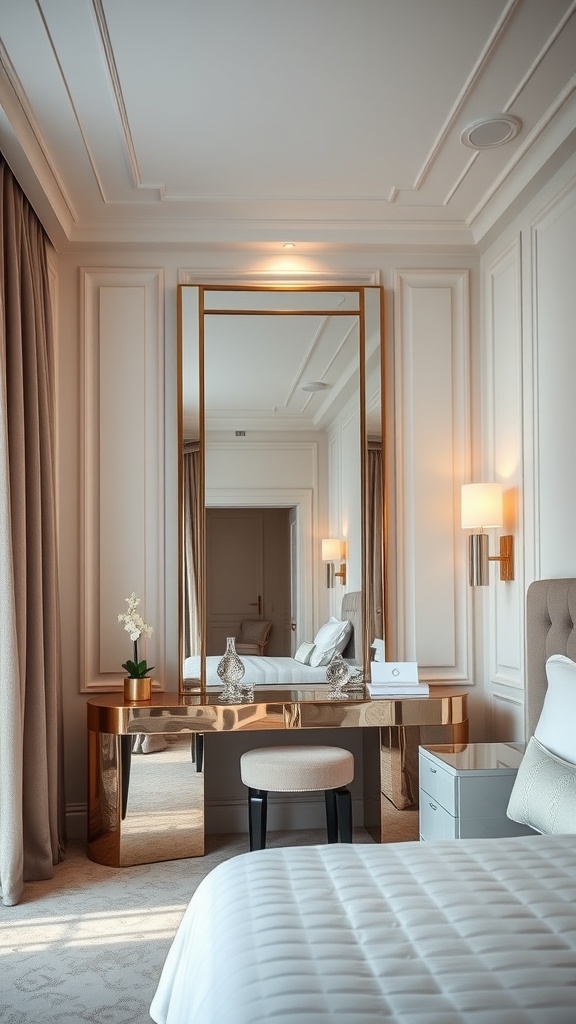 A modern luxury bedroom featuring a stylish dressing area with a large mirror and elegant decor.