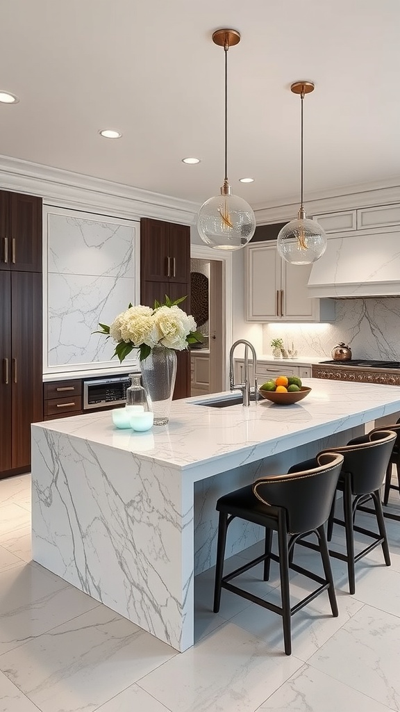 Modern kitchen with a marble island and black cabinetry