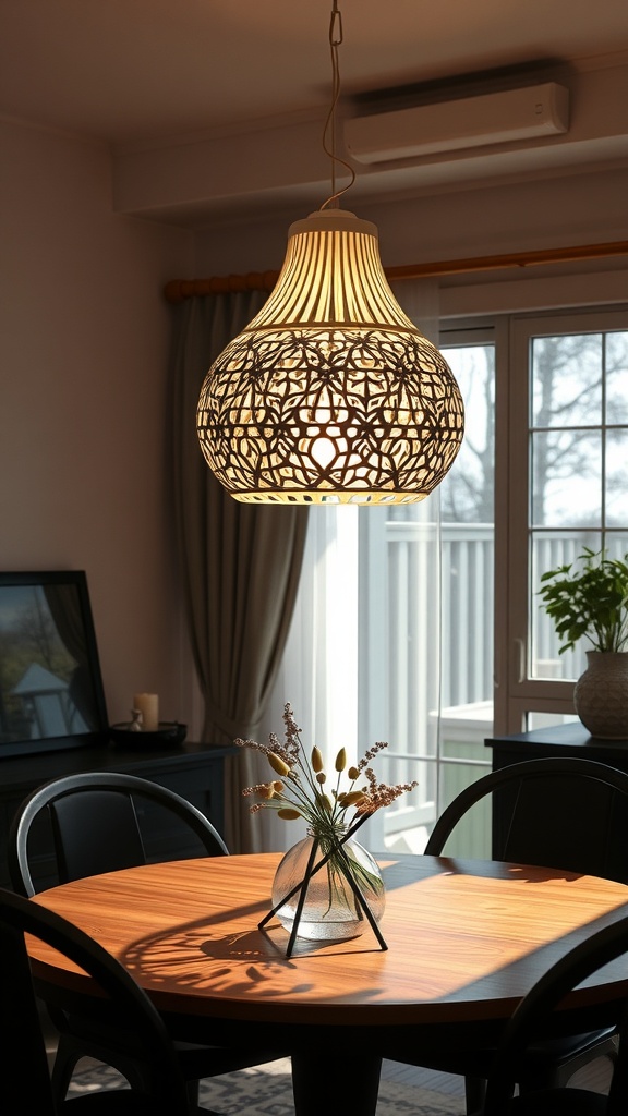 A beautifully designed 3D printed pendant light hanging over a wooden dining table with a vase of flowers.