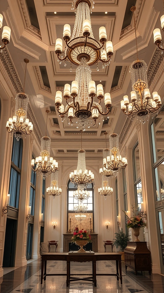 A luxurious room with multiple chandeliers hanging from the ceiling, showcasing elegant lighting fixtures.