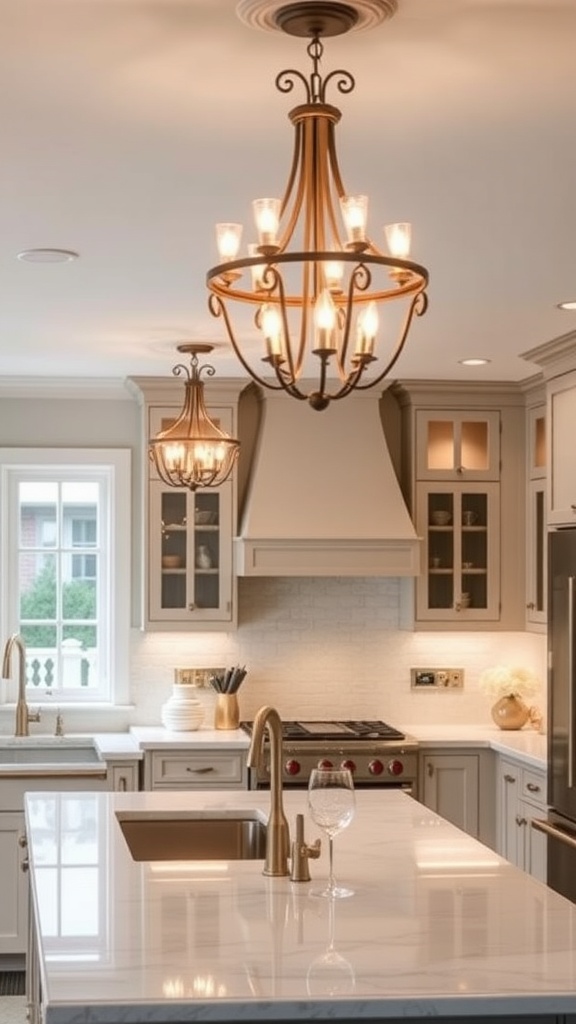 A luxurious kitchen featuring two elegant chandeliers and modern design elements.