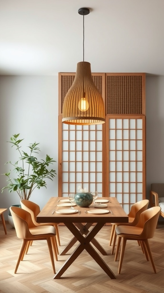 A dining area featuring a wooden table and chairs with a woven pendant light hanging above.