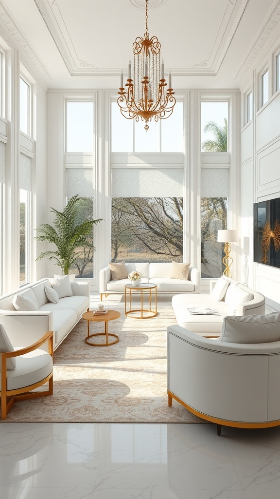 A luxurious living room featuring white furniture and gold accents, with large windows and a chandelier.