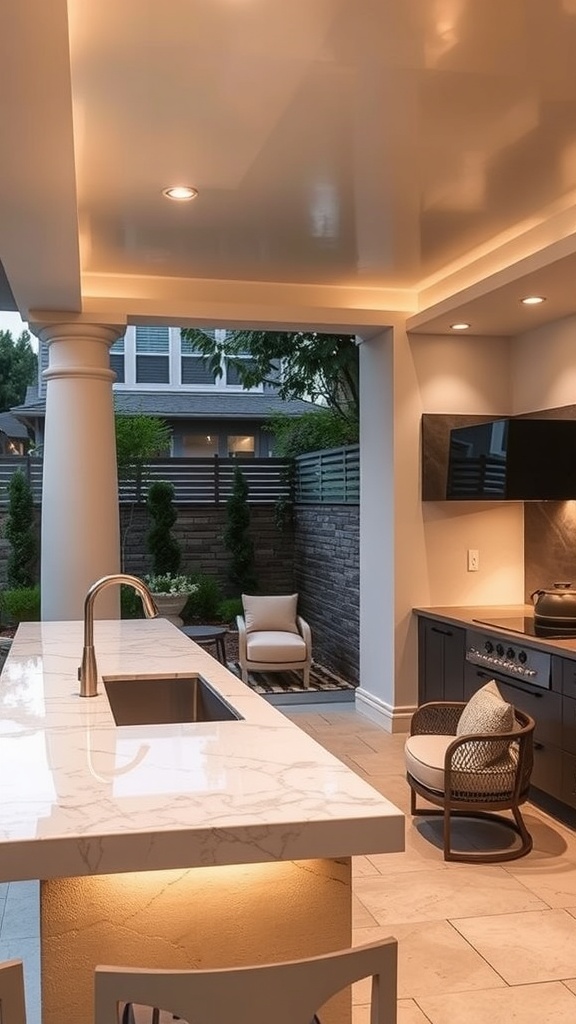 Elegant outdoor kitchen with marble countertops and stylish lighting