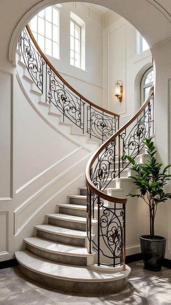 Elegant Art Deco staircase with curved railing and decorative light fixture