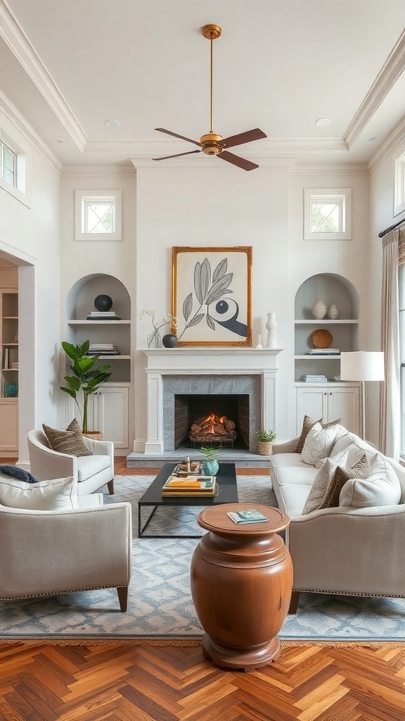 A stylish living room featuring light gray sofas, a fireplace, and wooden accents.