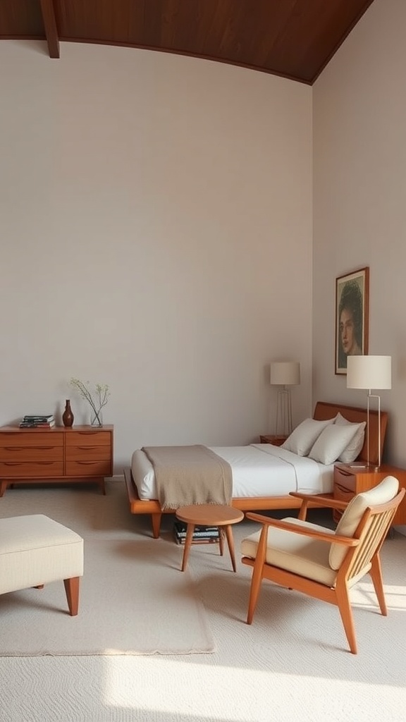 A mid-century modern bedroom featuring a minimalist design with wooden furniture and soft colors.