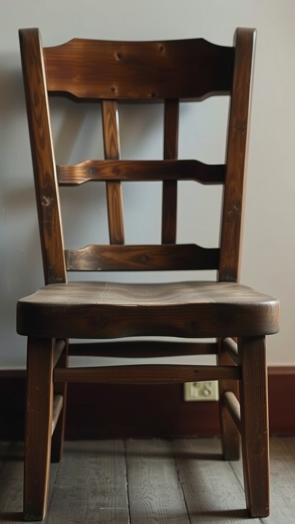 A rustic wooden chair with a slightly uneven seat and visible wood grain, showcasing imperfections.
