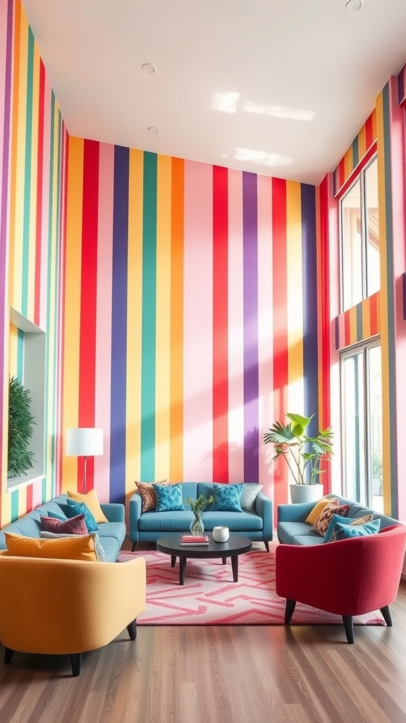 A vibrant living room with colorful vertical stripes on the walls, featuring cozy seating and plants.