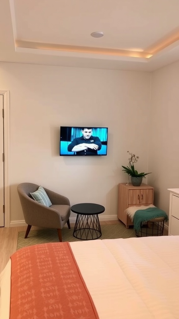 A cozy guest bedroom with a TV, comfortable chair, and small table.