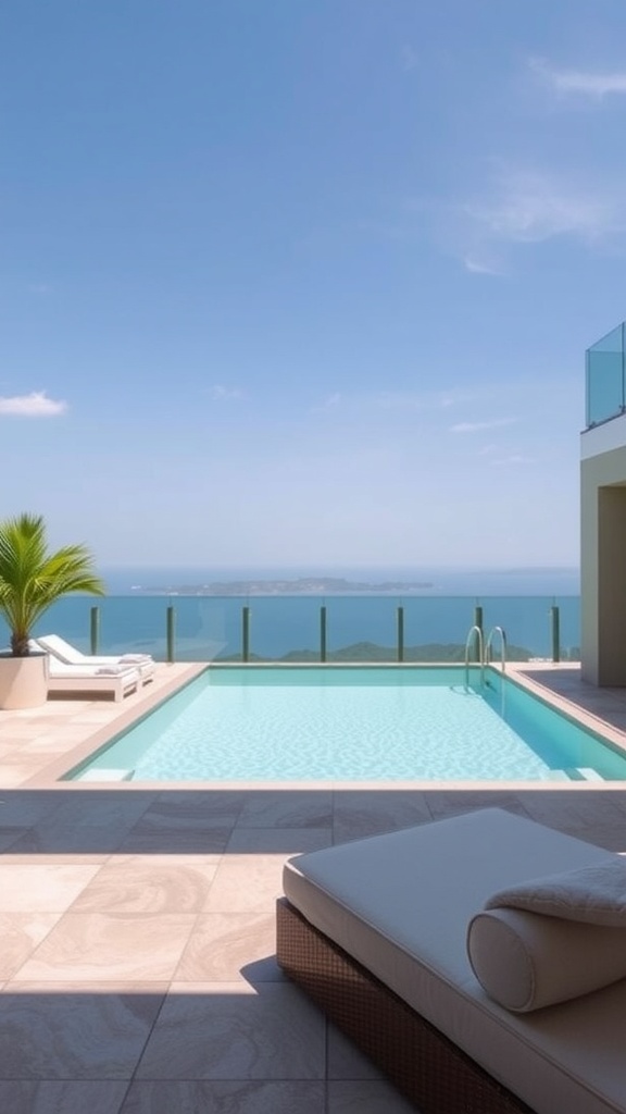 A luxurious pool area with lounge chairs and a stunning ocean view.