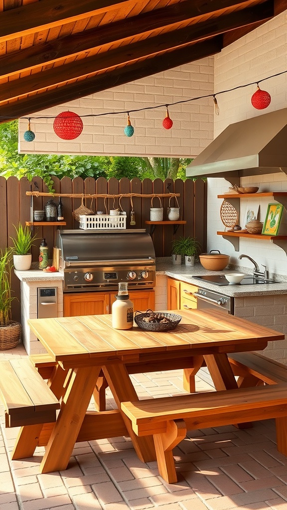 A cozy outdoor kitchen with a wooden table, grill, and colorful decorations.
