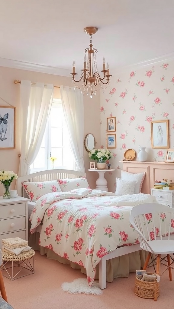 Aesthetic feminine bedroom with floral decor and soft lighting