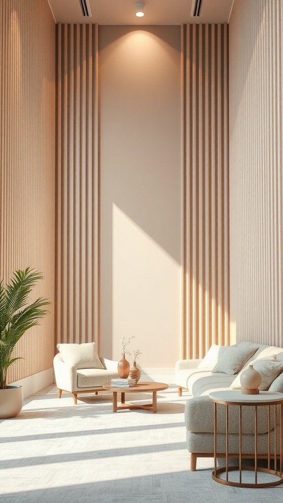 A modern interior design featuring vertical lines on the walls, cozy furniture, and a plant.