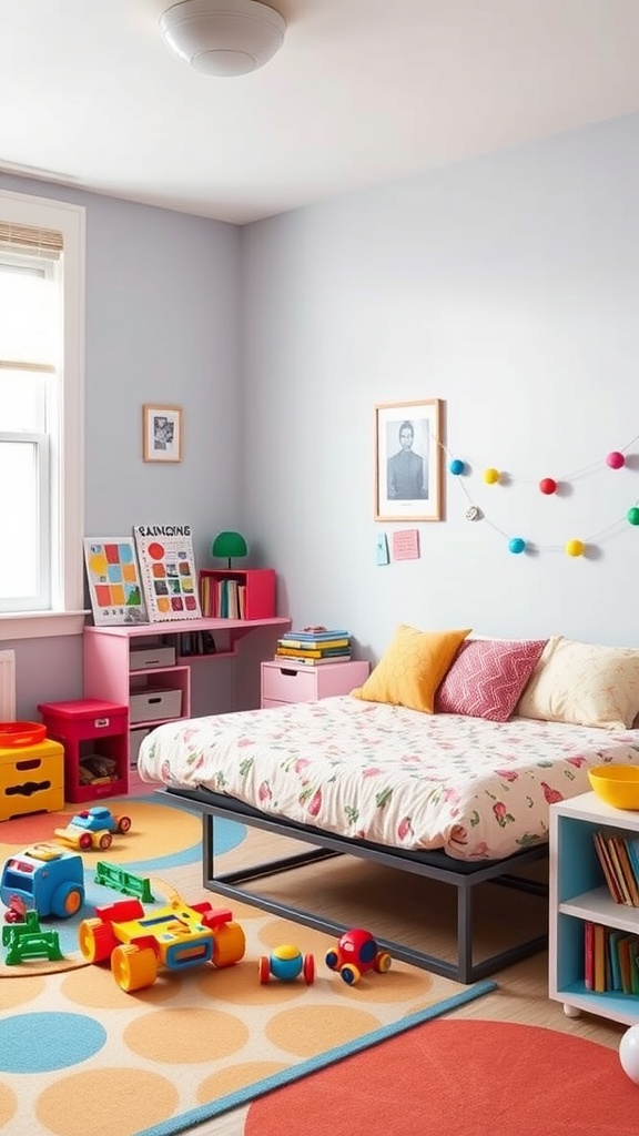 A colorful playroom with a bed, toys scattered on the floor, and cheerful decor.