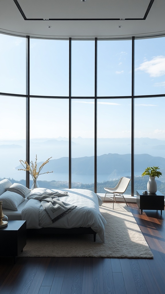 A modern luxury bedroom featuring floor-to-ceiling windows with scenic mountain views.