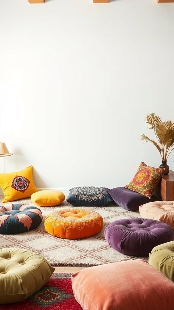 A cozy living room with colorful floor cushions and poufs arranged on a patterned rug.