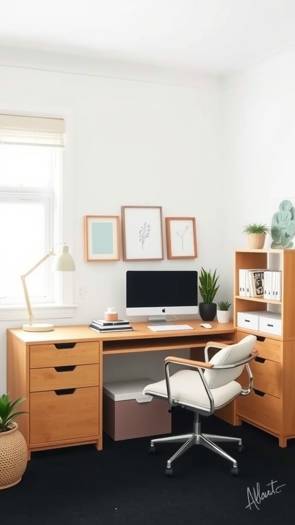 A Scandinavian-style workspace featuring a wooden desk, a comfortable chair, and organized storage.
