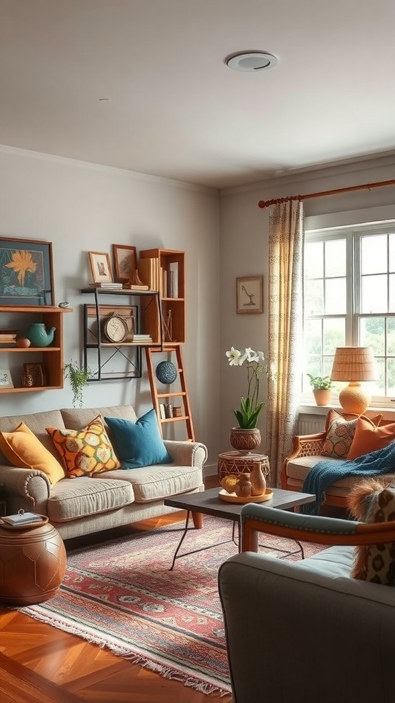 A cozy living room featuring folk art accents with colorful pillows, a textured rug, and wooden shelves displaying books and decor.