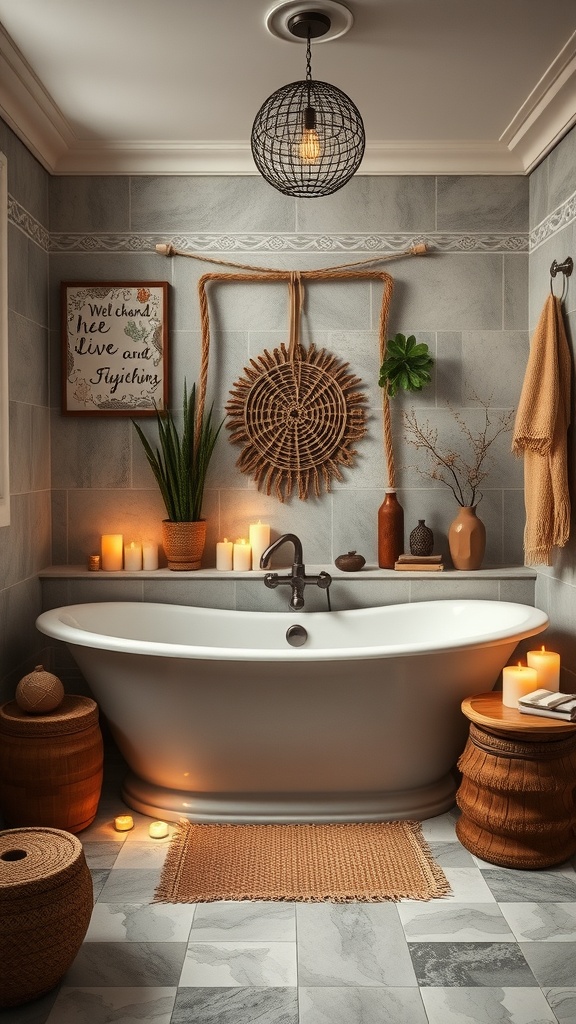 A cozy boho-inspired bathroom featuring a freestanding bathtub, candles, and natural decor.