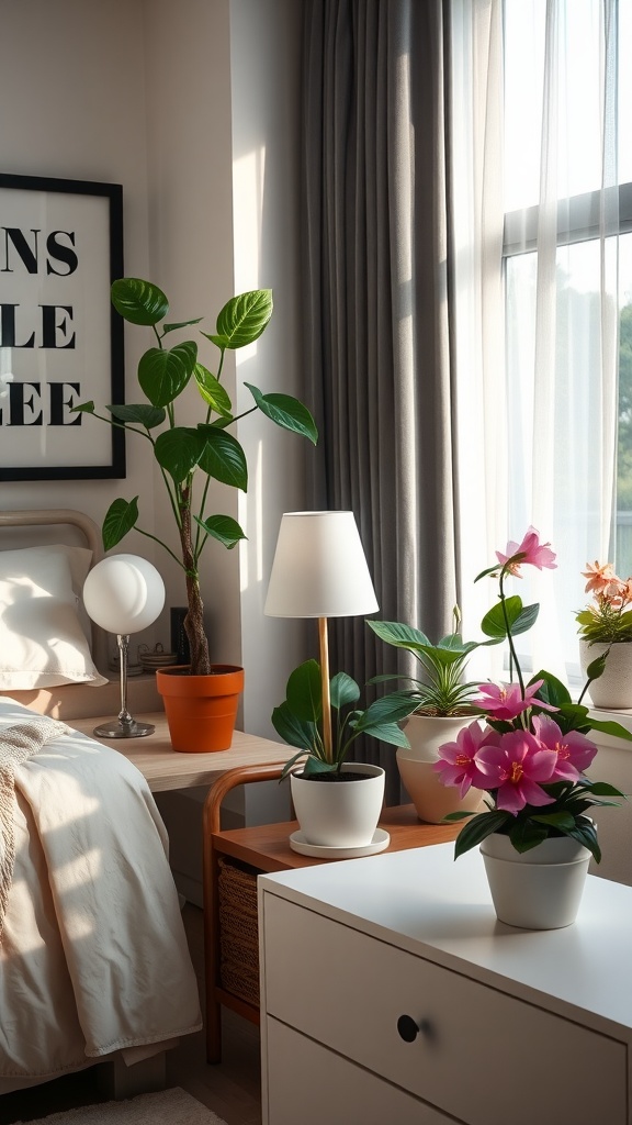 A cozy guest bedroom featuring various indoor plants, including a large leafy plant and colorful flowers, creating a fresh and inviting atmosphere.