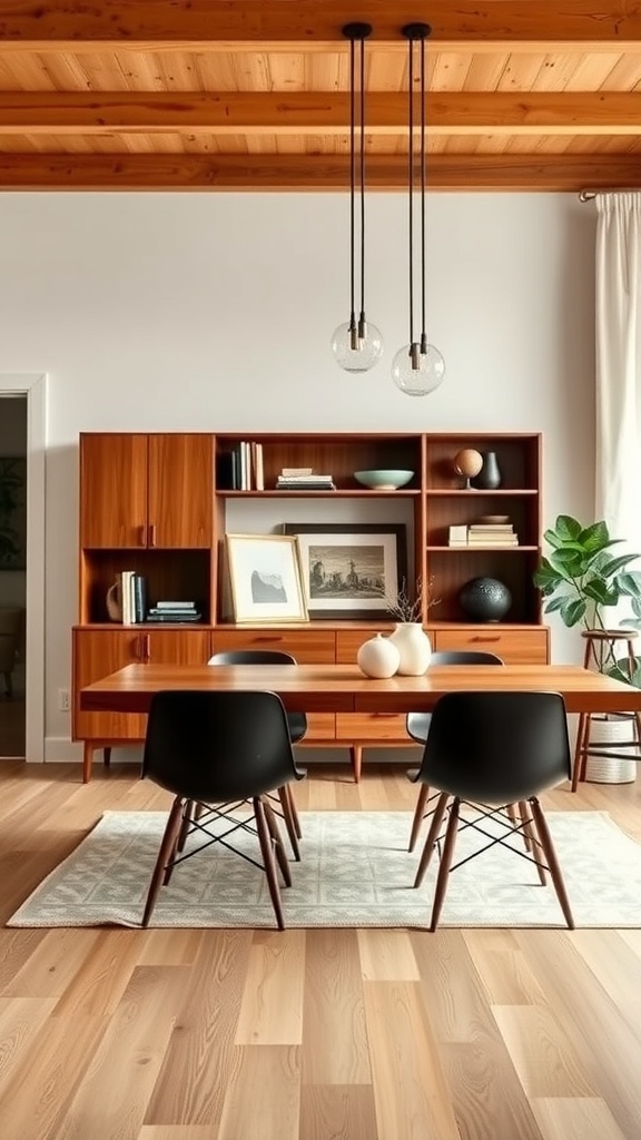 Mid-century modern dining room with wooden storage solutions and black chairs