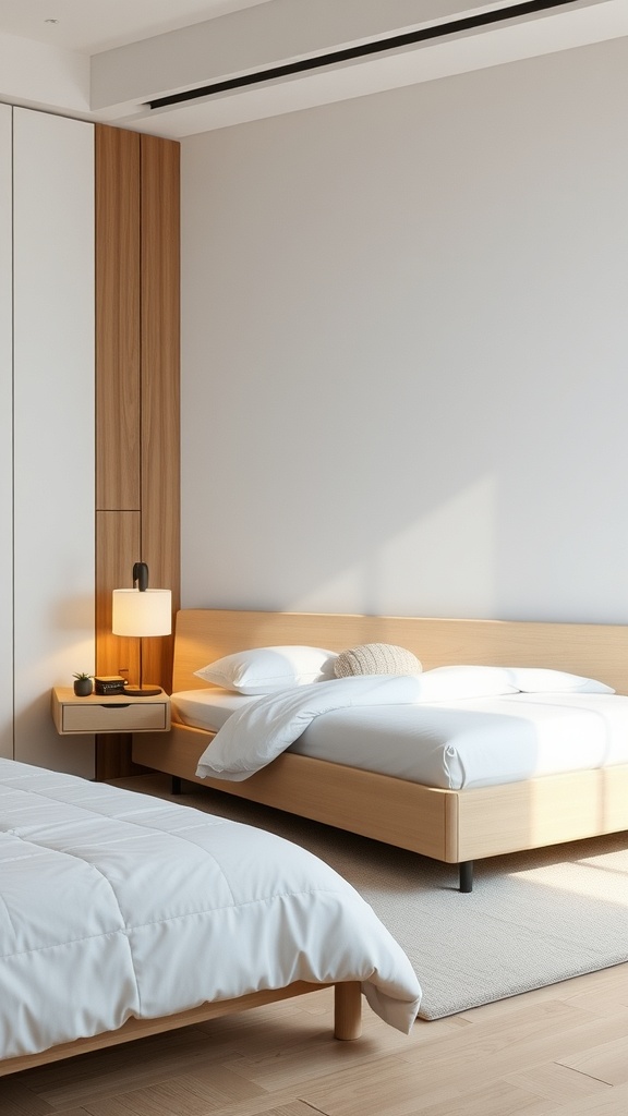 A minimalist bedroom featuring a low-profile wooden bed, a simple nightstand with a lamp, and a neutral color scheme.