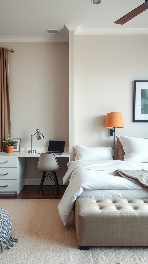 A cozy guest bedroom featuring a plush bed, stylish ottoman, and a desk area with a laptop.