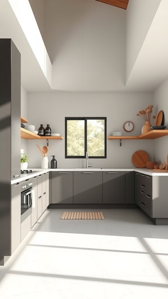 A modern kitchen with sleek cabinetry, open shelves, and a large window, showcasing Japandi decor style.