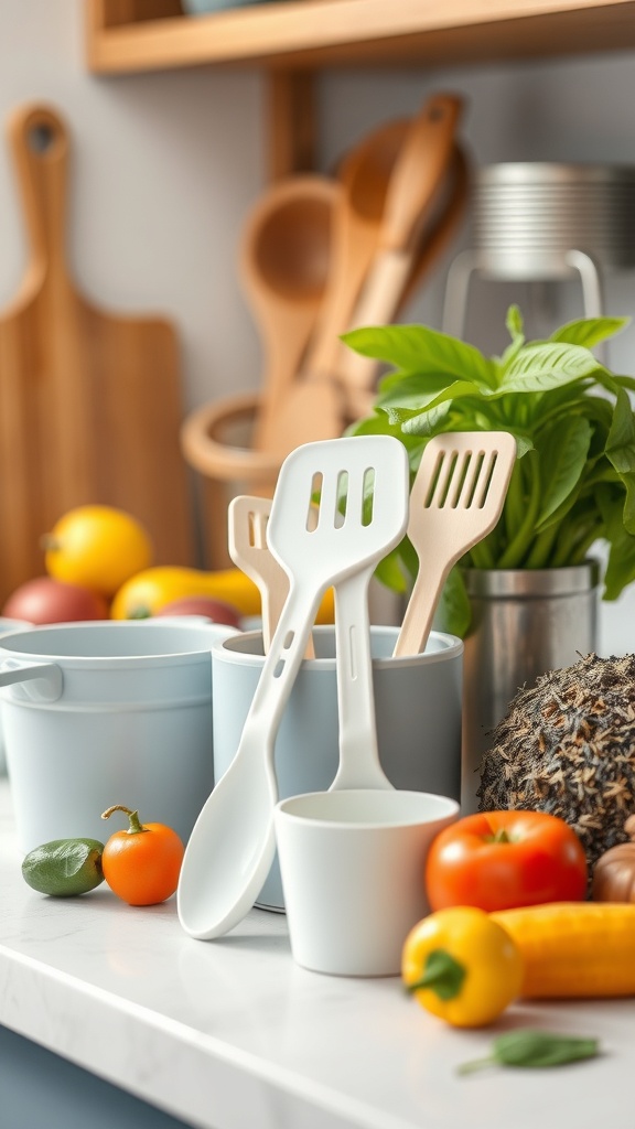 A collection of functional kitchen utensils including spatulas and wooden spoons, surrounded by fresh vegetables and herbs.