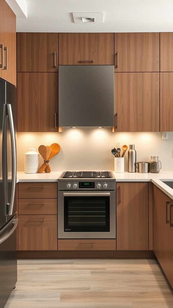 A modern kitchen with wood cabinetry, stainless steel appliances, and a clean countertop.