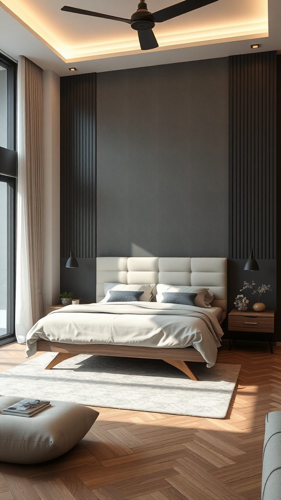 A modern luxury bedroom featuring a stylish bed, elegant lighting, and a cozy atmosphere.
