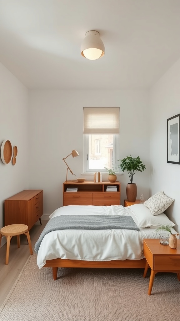 A cozy mid-century modern bedroom featuring a bed, dresser, and plants in a small space.