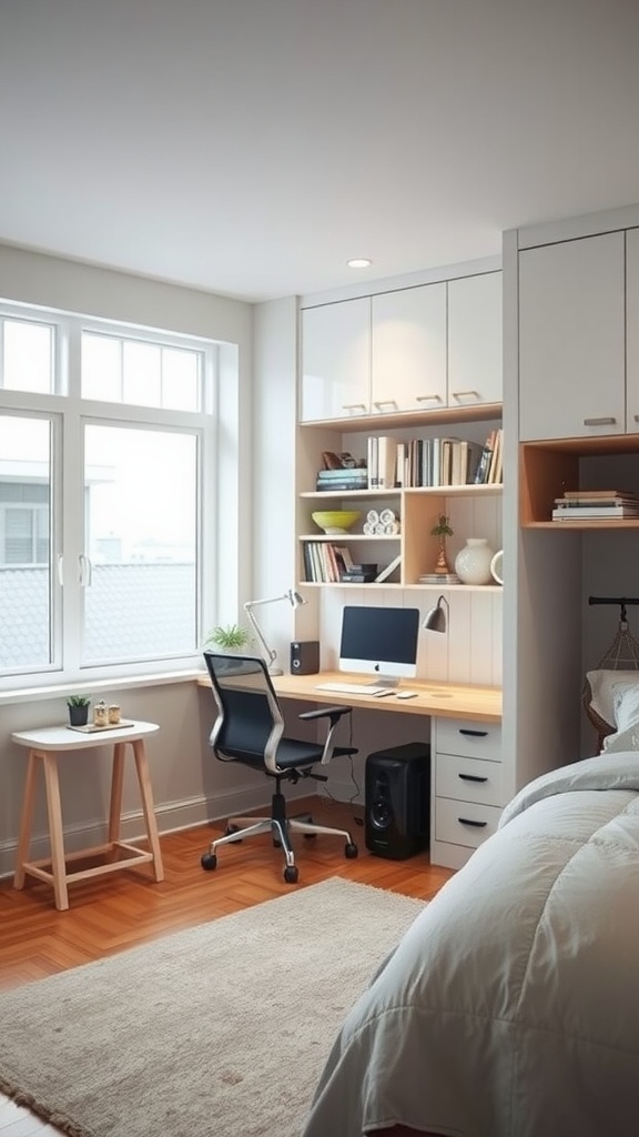 A cozy bedroom featuring a workspace with a desk, chair, and bookshelves.