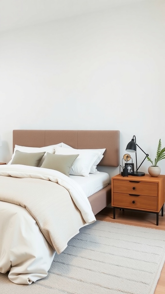 A minimalist bedroom featuring a stylish nightstand with a lamp and a plant.