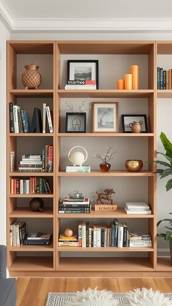A wooden bookshelf filled with books, decorative items, and plants, showcasing a Japandi decor style.