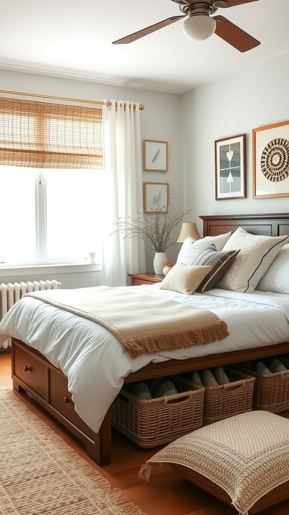 Cozy bedroom with functional storage solutions including a bed with drawers and woven baskets.