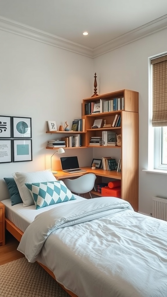 A cozy bedroom featuring a functional study nook with a desk, chair, and bookshelves.
