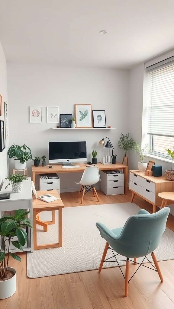 A stylish and functional workspace featuring light wood furniture, plants, and a computer.