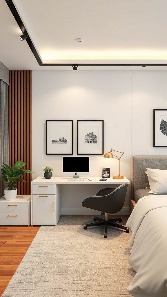 A modern luxury bedroom featuring a workspace with a desk, chair, and decorative elements.
