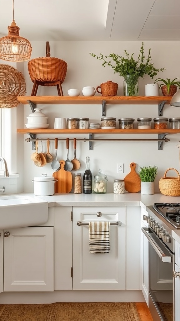 A stylish boho kitchen featuring open wooden shelves, woven baskets, and plants for storage.