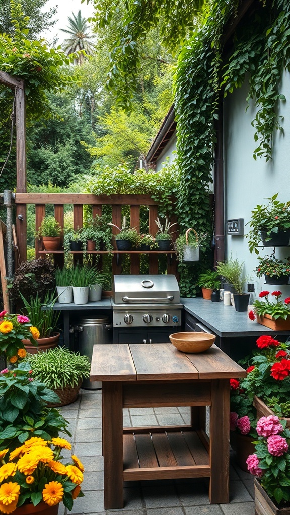 An outdoor kitchen surrounded by flowers and greenery, featuring a grill and a wooden table.