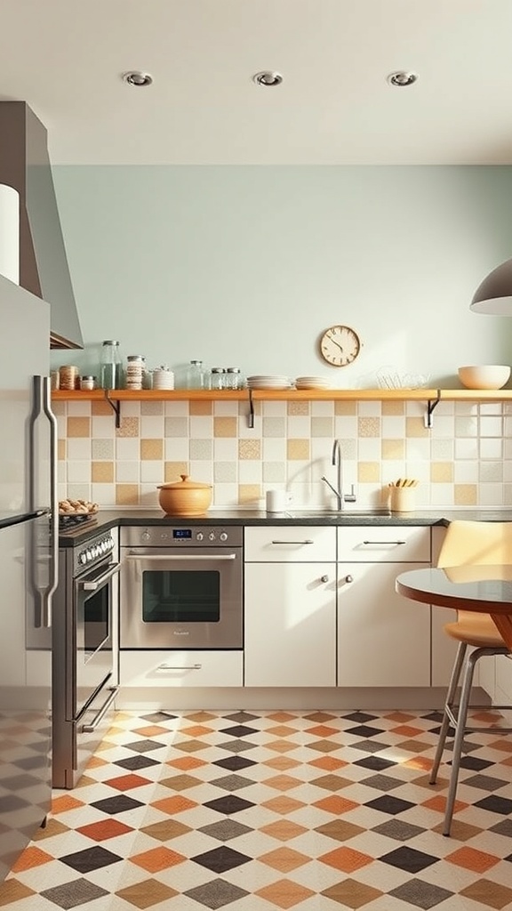 A mid-century modern kitchen featuring geometric patterns in the backsplash and floor tiles.